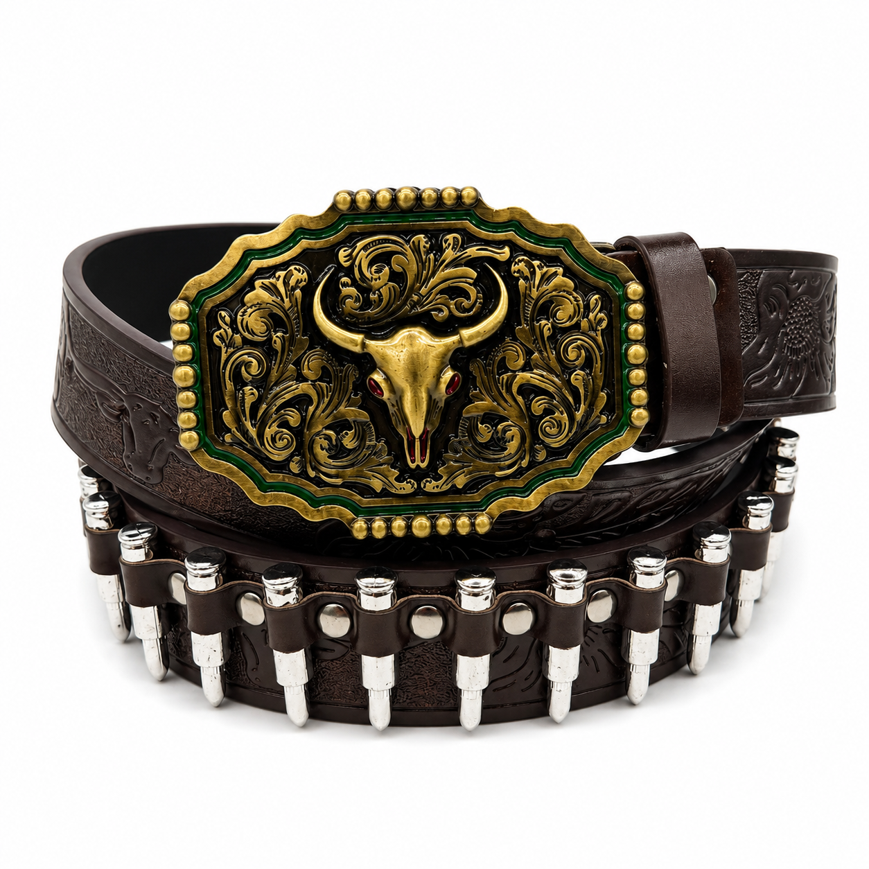 Frontier Bull Skull Bullet Leather Belt – Premium Western Gothic Belt
