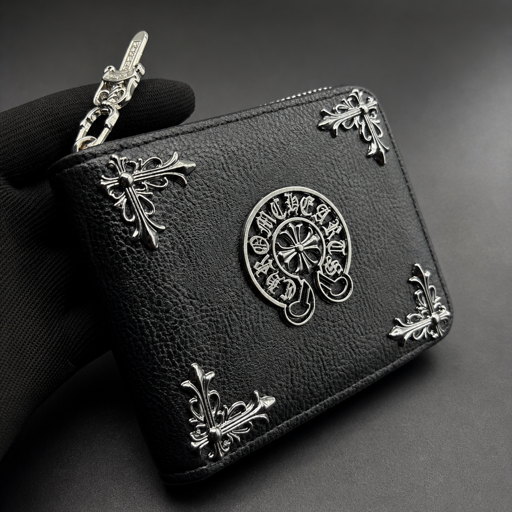 Black Gothic Cross Leather Zipper Wallet