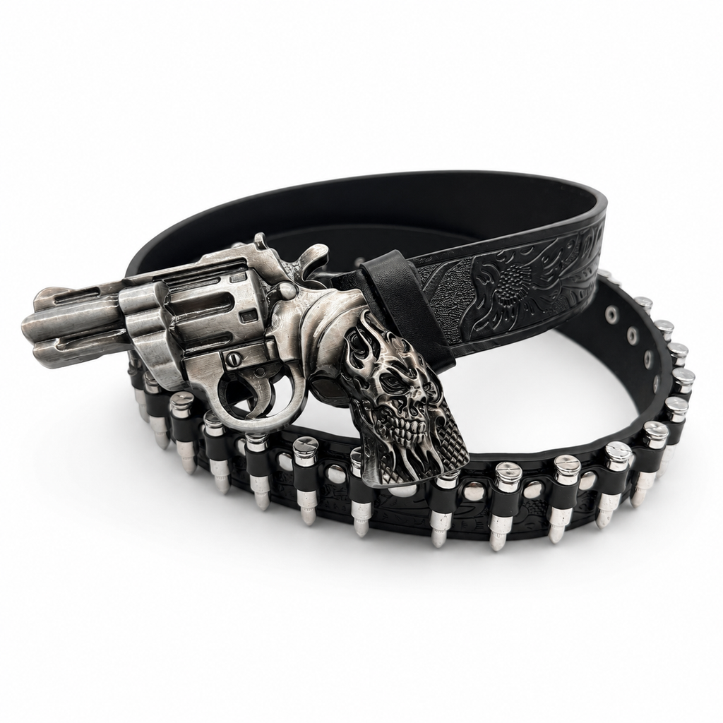 Outlaw Skull Revolver Bullet Leather Belt – Gothic Statement Belt