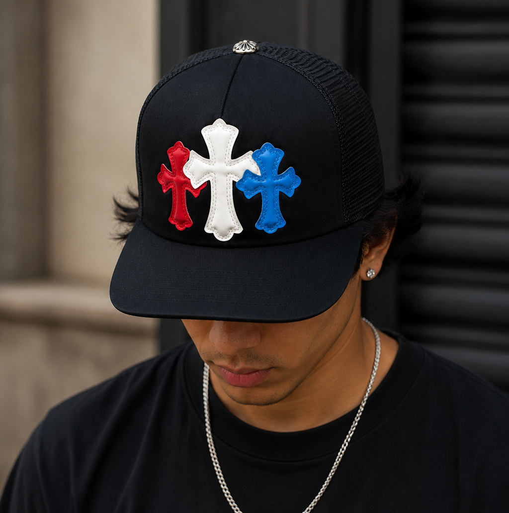 Tricolor Gothic Cross Black Trucker Cap