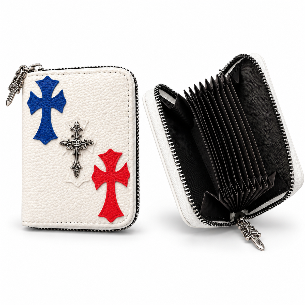 White Gothic Cross Zip Wallet with Silver Dagger Zipper Pull – Drip Noir