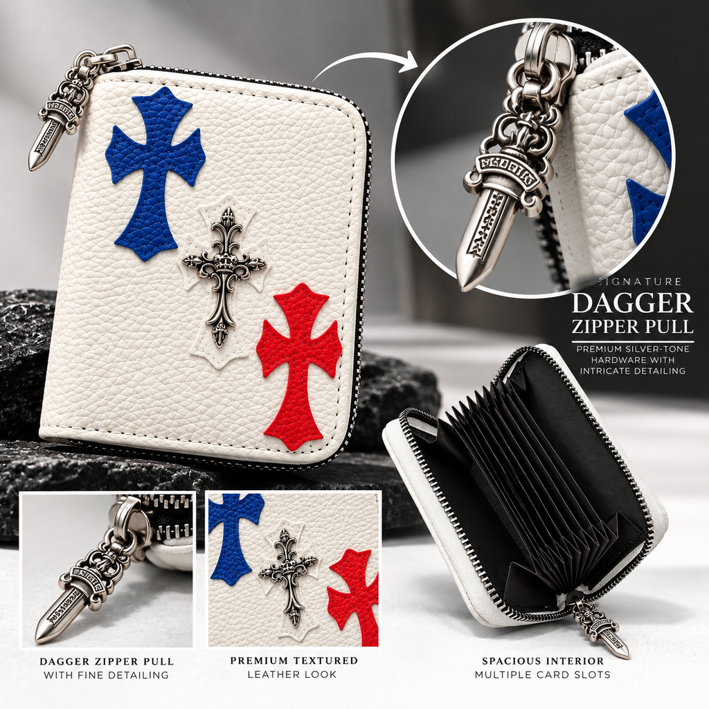White Gothic Cross Zip Wallet with Silver Dagger Zipper Pull – Drip Noir
