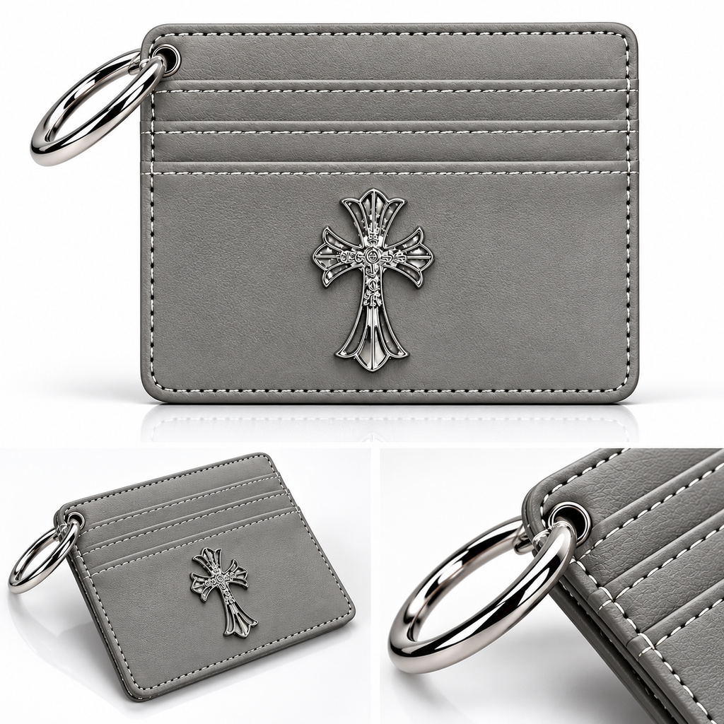 Grey Gothic Cross Card Holder Wallet with Metal Emblem – Minimalist Slim Wallet