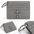 Grey Gothic Cross Card Holder Wallet with Metal Emblem – Minimalist Slim Wallet
