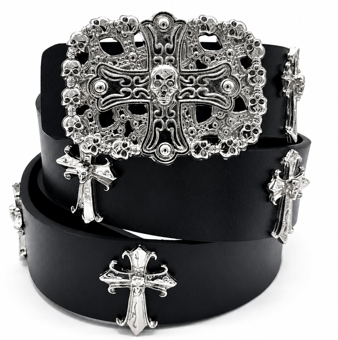 Gothic Skull Cross Leather Belt for Men & Women | Black Punk Streetwear Belt |