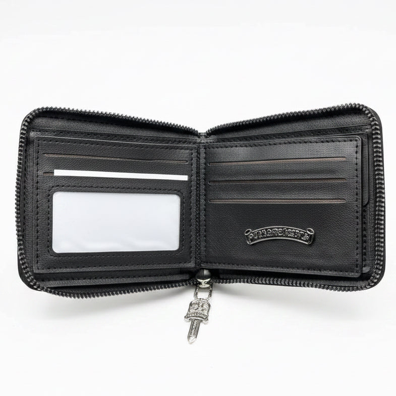 Black Gothic Cross Leather Zipper Wallet