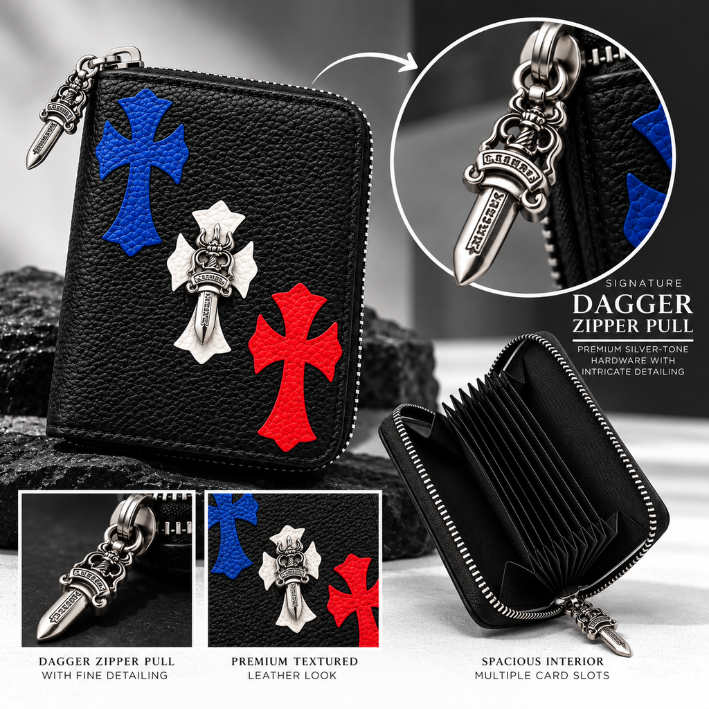 Black Gothic Cross Zip Wallet with Silver Dagger Zipper Pull – DRIP NOIR
