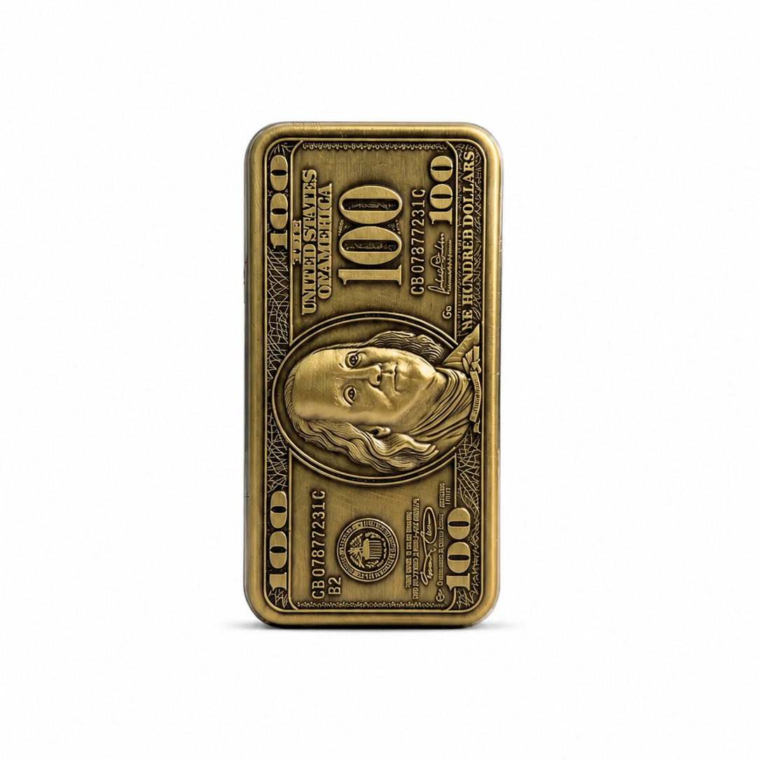 Vintage $100 Dollar Refillable Metal Lighter Cover – Antique Gold Finish