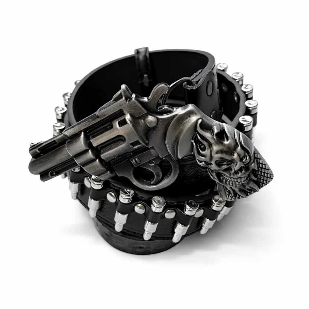 Outlaw Skull Revolver Bullet Leather Belt – Gothic Statement Belt