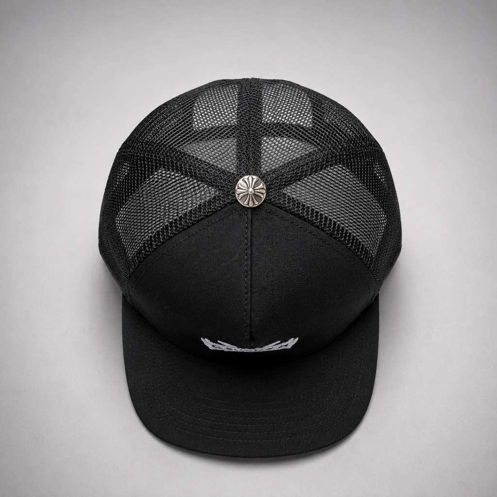 Premium Gothic Cross Snapback Cap – Black Trucker Hat