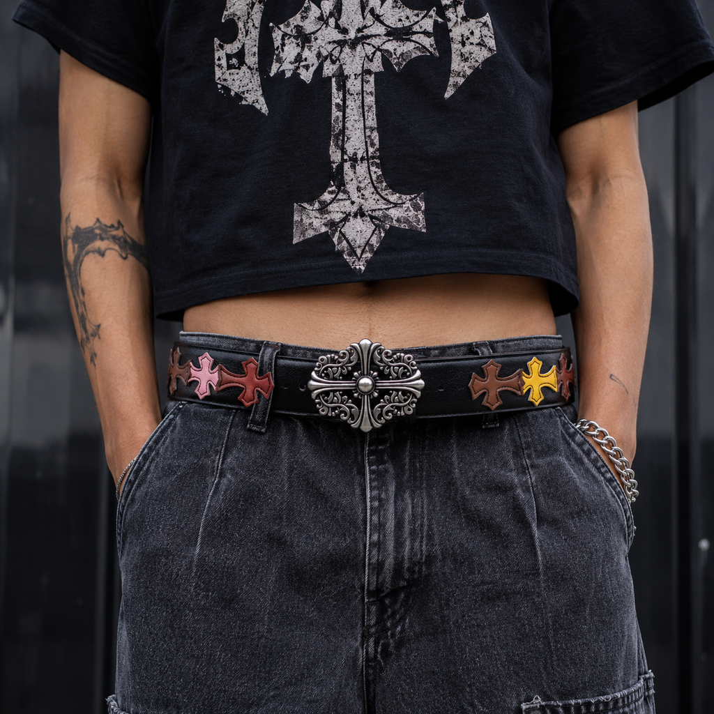 Gothic Multi Cross Patch Leather Belt