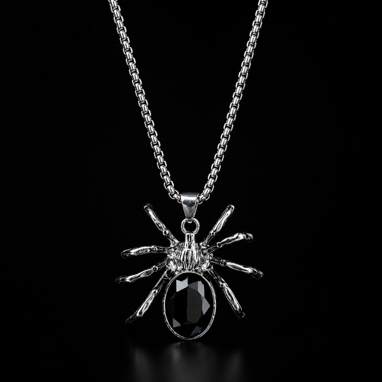 Obsidian Spider Pendant Necklace – Gothic Stainless Steel Chain
