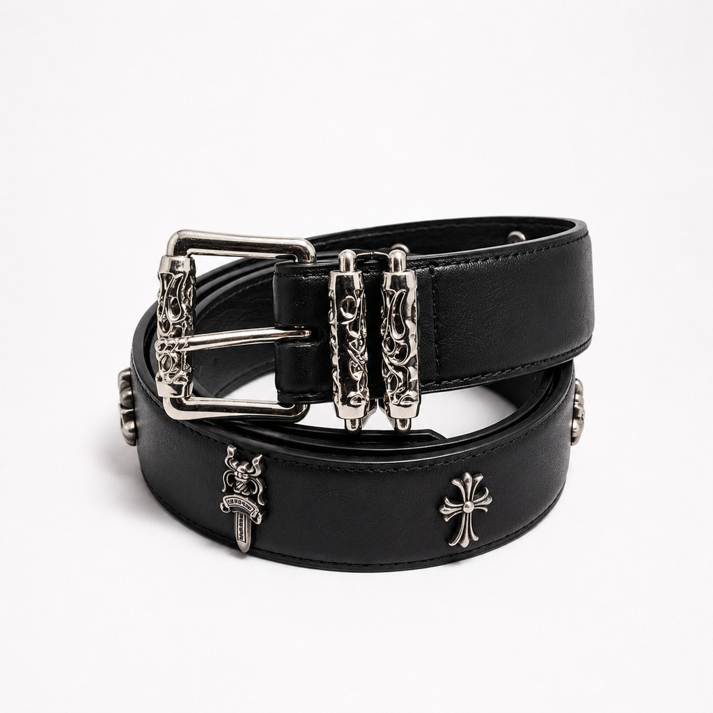 Gothic Cross Leather Belt with Engraved Silver Buckle | Premium Black Streetwear Belt