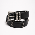 Gothic Cross Leather Belt with Engraved Silver Buckle | Premium Black Streetwear Belt