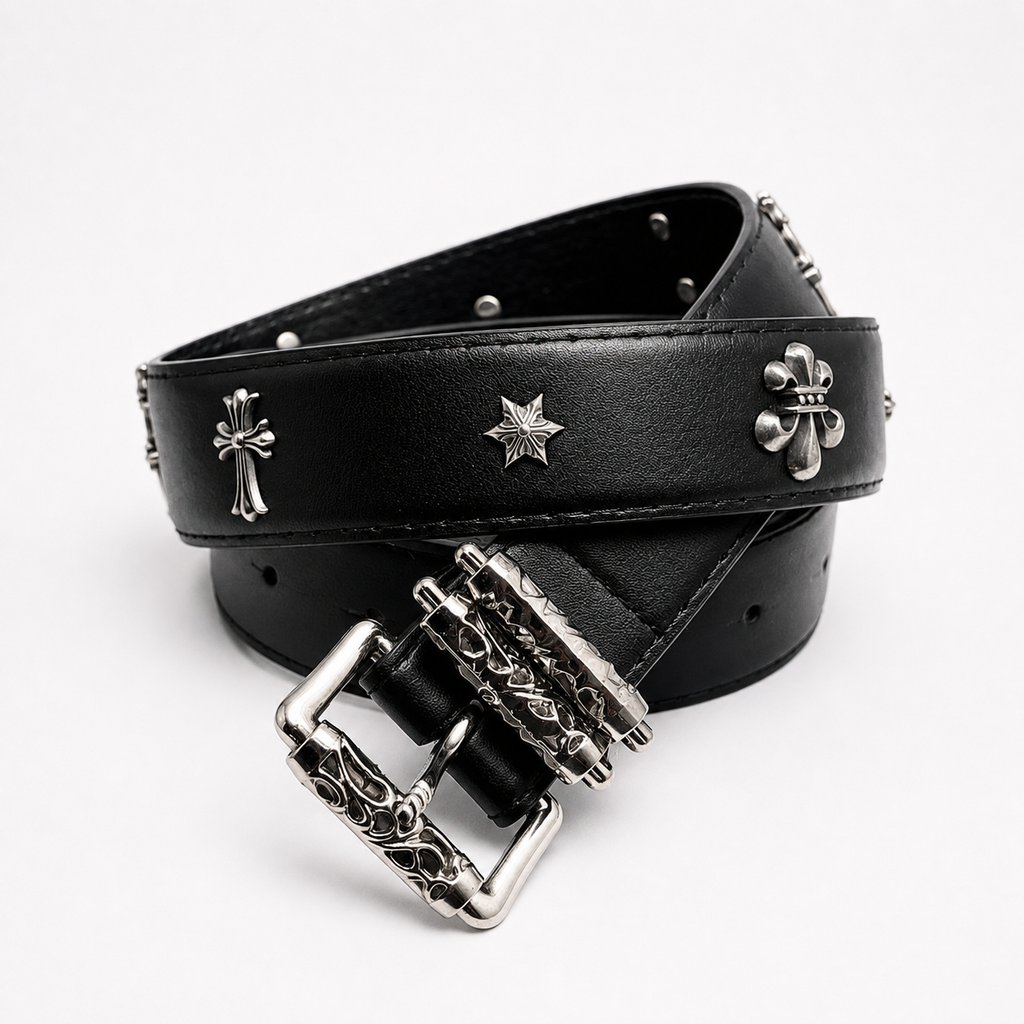 Gothic Cross Leather Belt with Engraved Silver Buckle | Premium Black Streetwear Belt