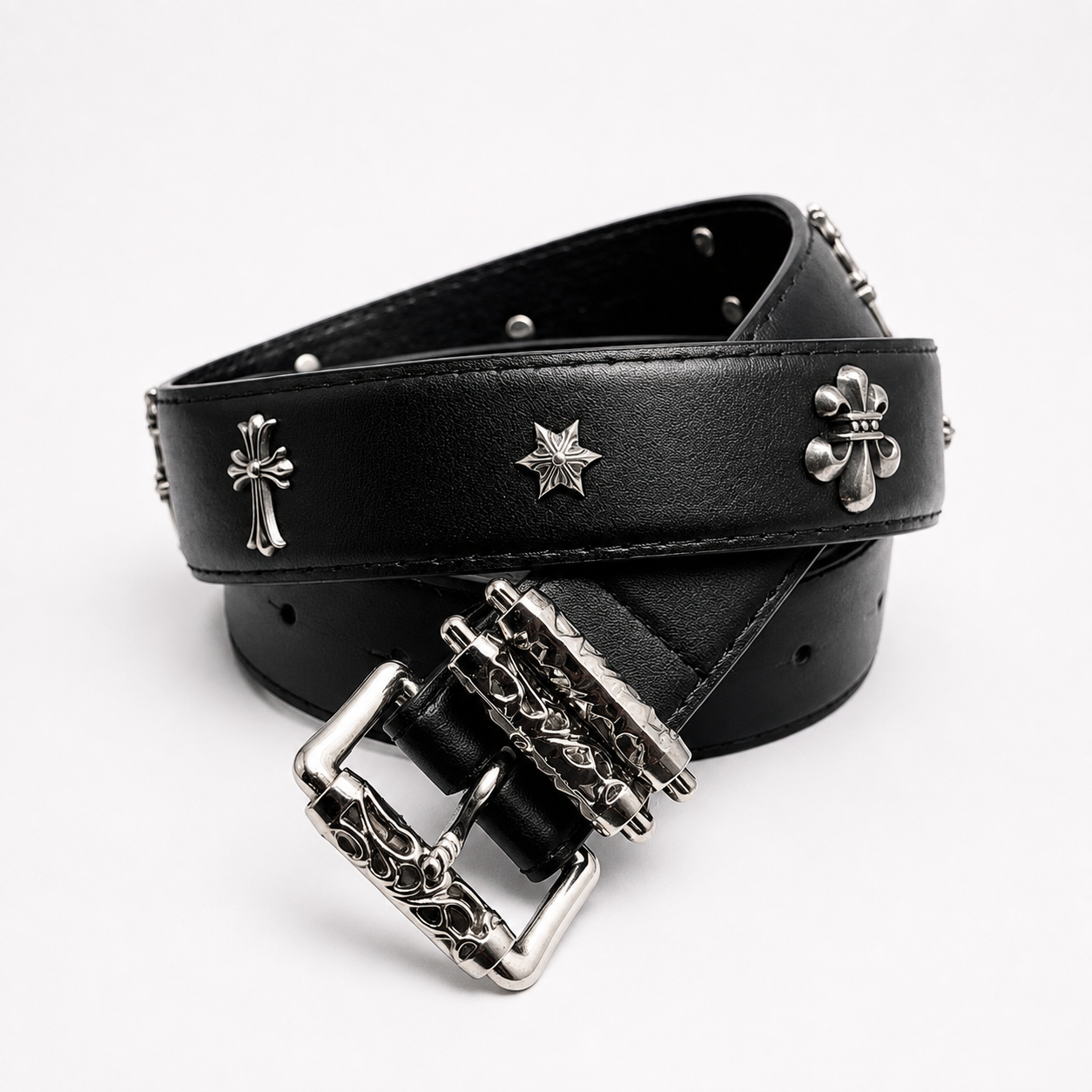 Gothic Cross Leather Belt with Engraved Silver Buckle | Premium Black Streetwear Belt