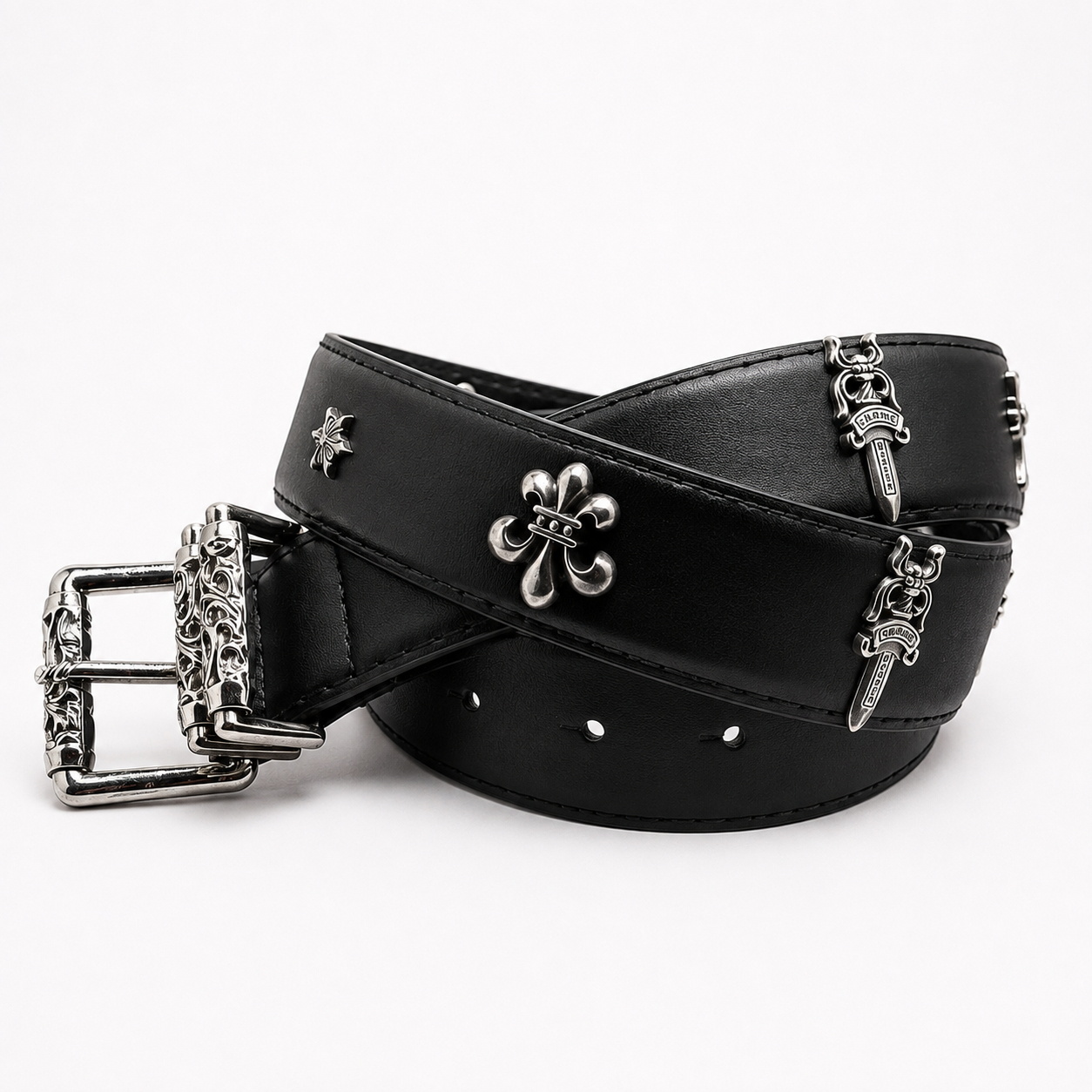 Gothic Cross Leather Belt with Engraved Silver Buckle | Premium Black Streetwear Belt