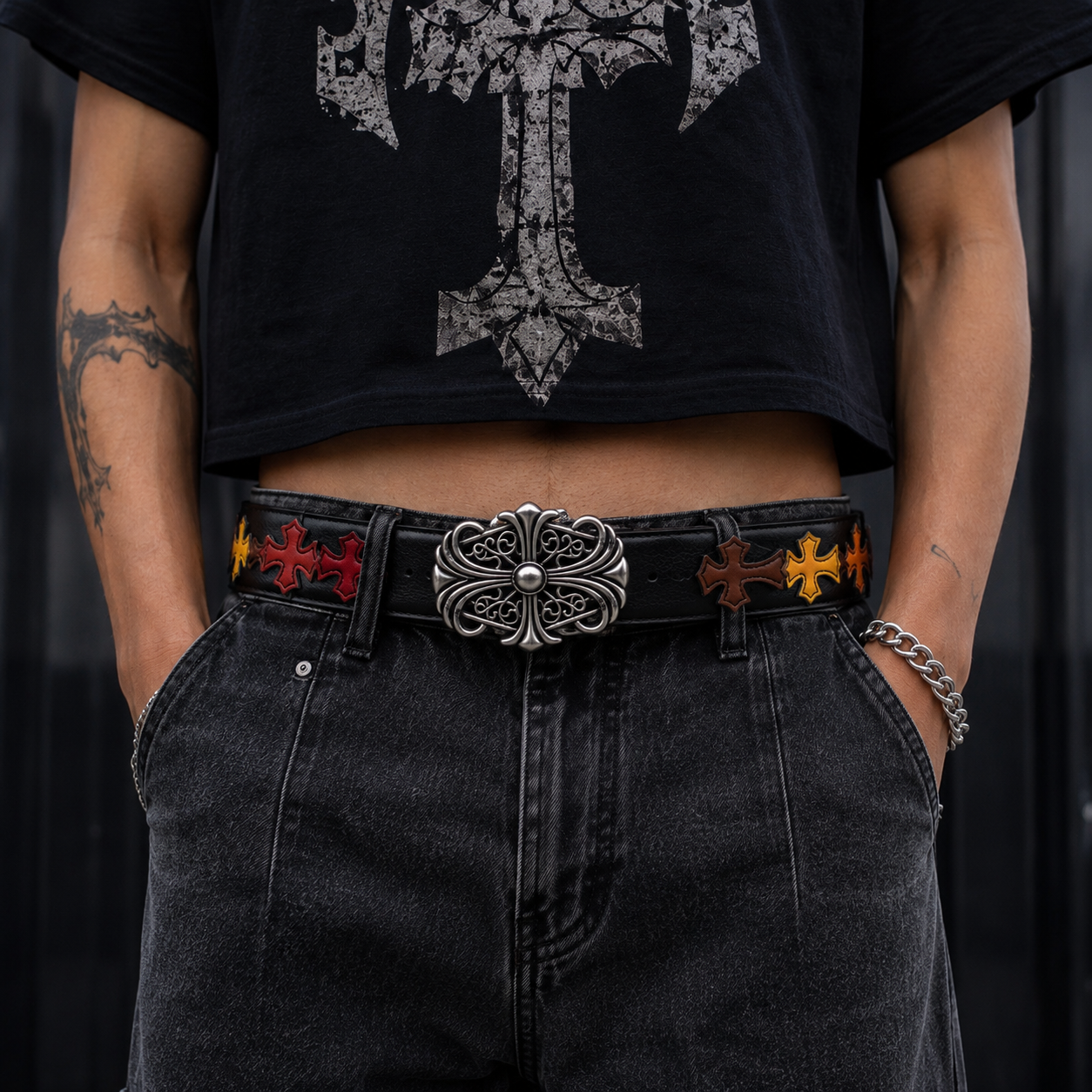 Designer Gothic Leather Belt with Cross Buckle | Unisex