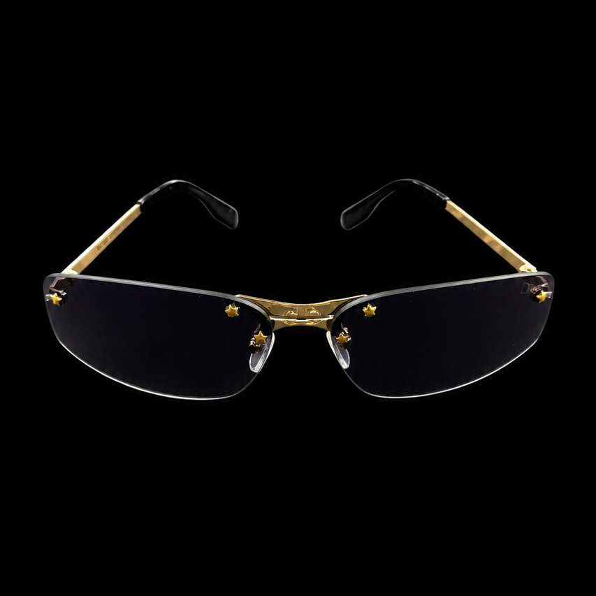 Gold Rimless Shield Sunglasses – Black Gradient Lens & Star Detail