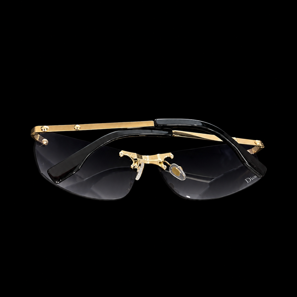 Gold Rimless Shield Sunglasses – Black Gradient Lens & Star Detail