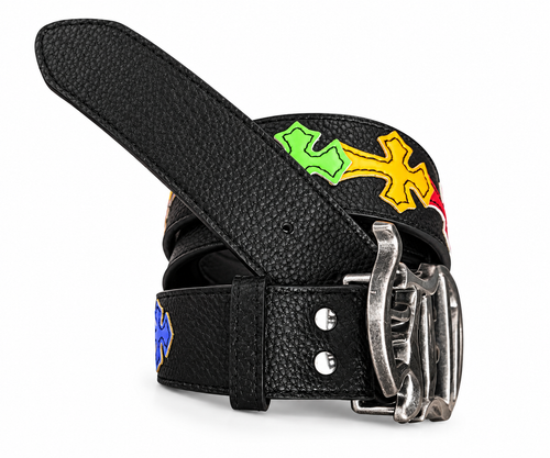 Black Leather Gothic Cross Buckle Belt | Multicolor Cross Design