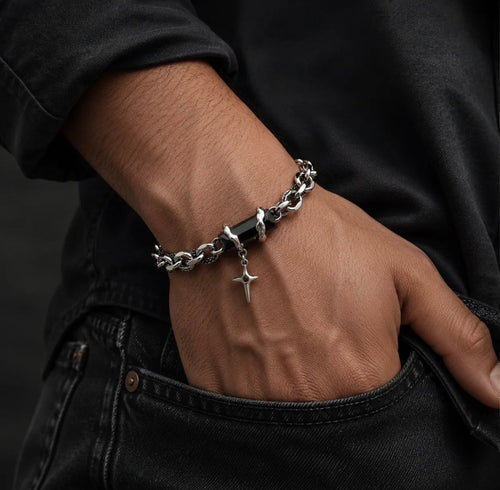 Black & Silver Gothic Chain Bracelet with Cross Star Charm