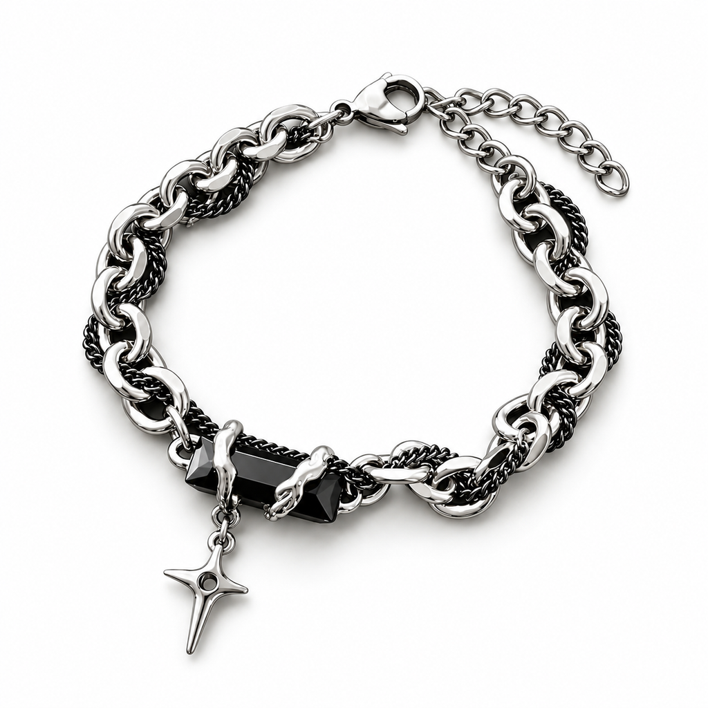 Black & Silver Gothic Chain Bracelet with Cross Star Charm