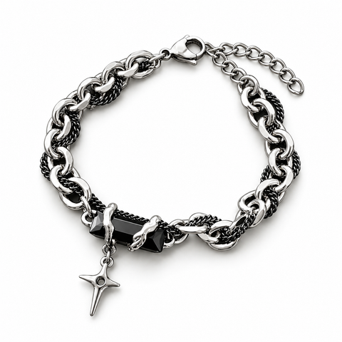 Black & Silver Gothic Chain Bracelet with Cross Star Charm