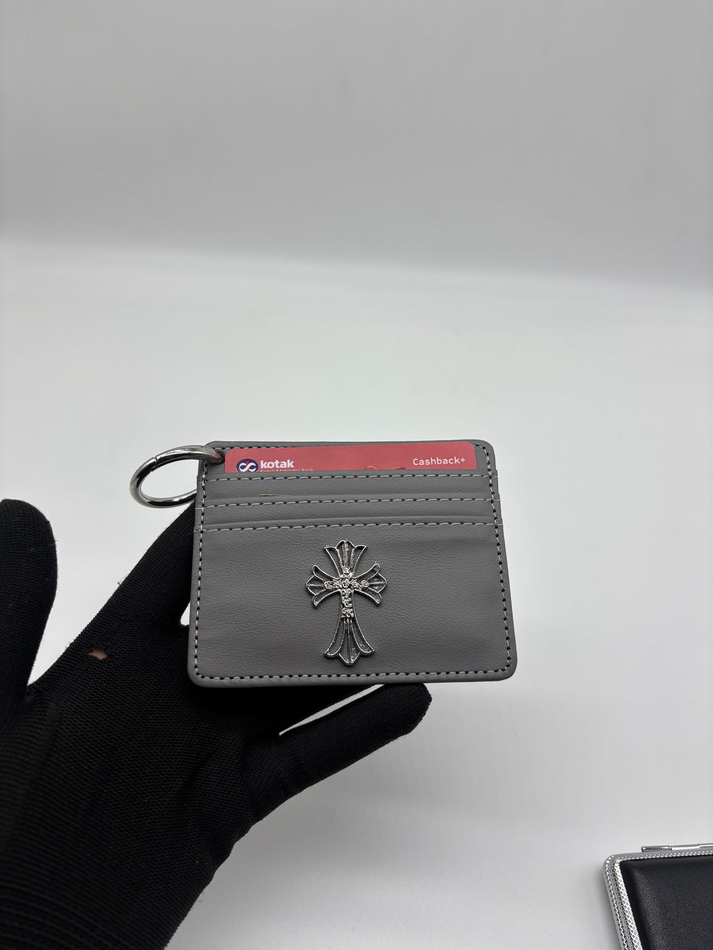 Grey Gothic Cross Card Holder Wallet with Metal Emblem – Minimalist Slim Wallet