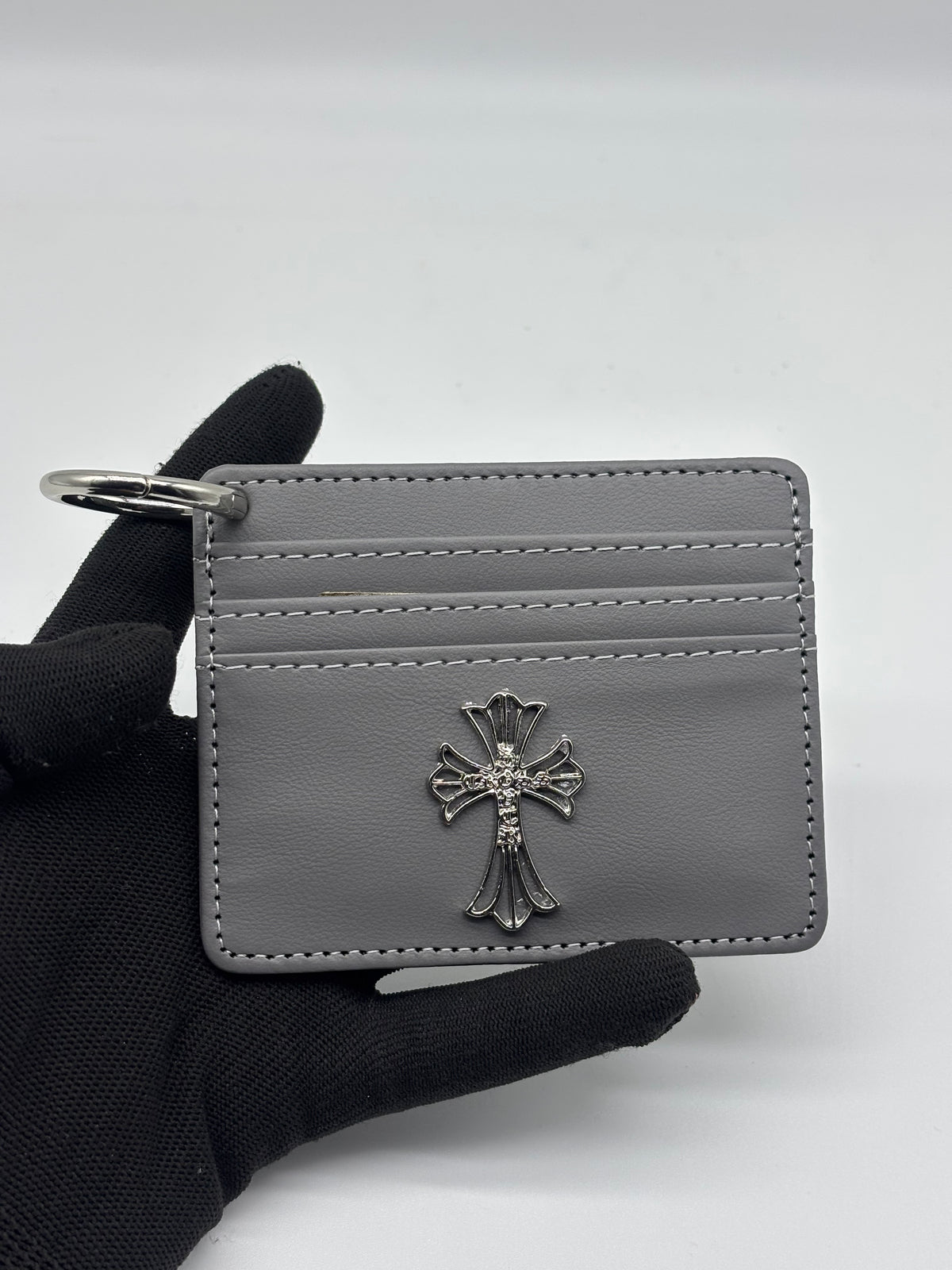 Grey Gothic Cross Card Holder Wallet with Metal Emblem – Minimalist Slim Wallet