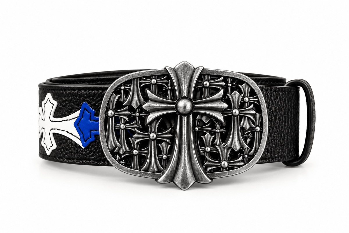 Black Gothic Cross Leather Belt with Ornate Silver Buckle | Multicolor Cross Design | Gothic Accessories by DRIPNOIR