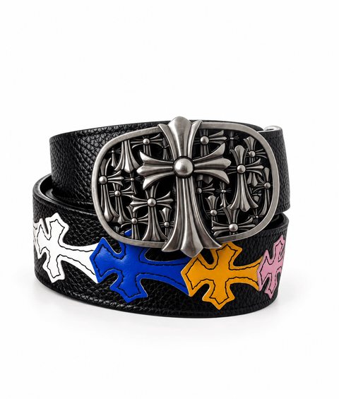 Black Gothic Cross Leather Belt with Ornate Silver Buckle | Multicolor Cross Design