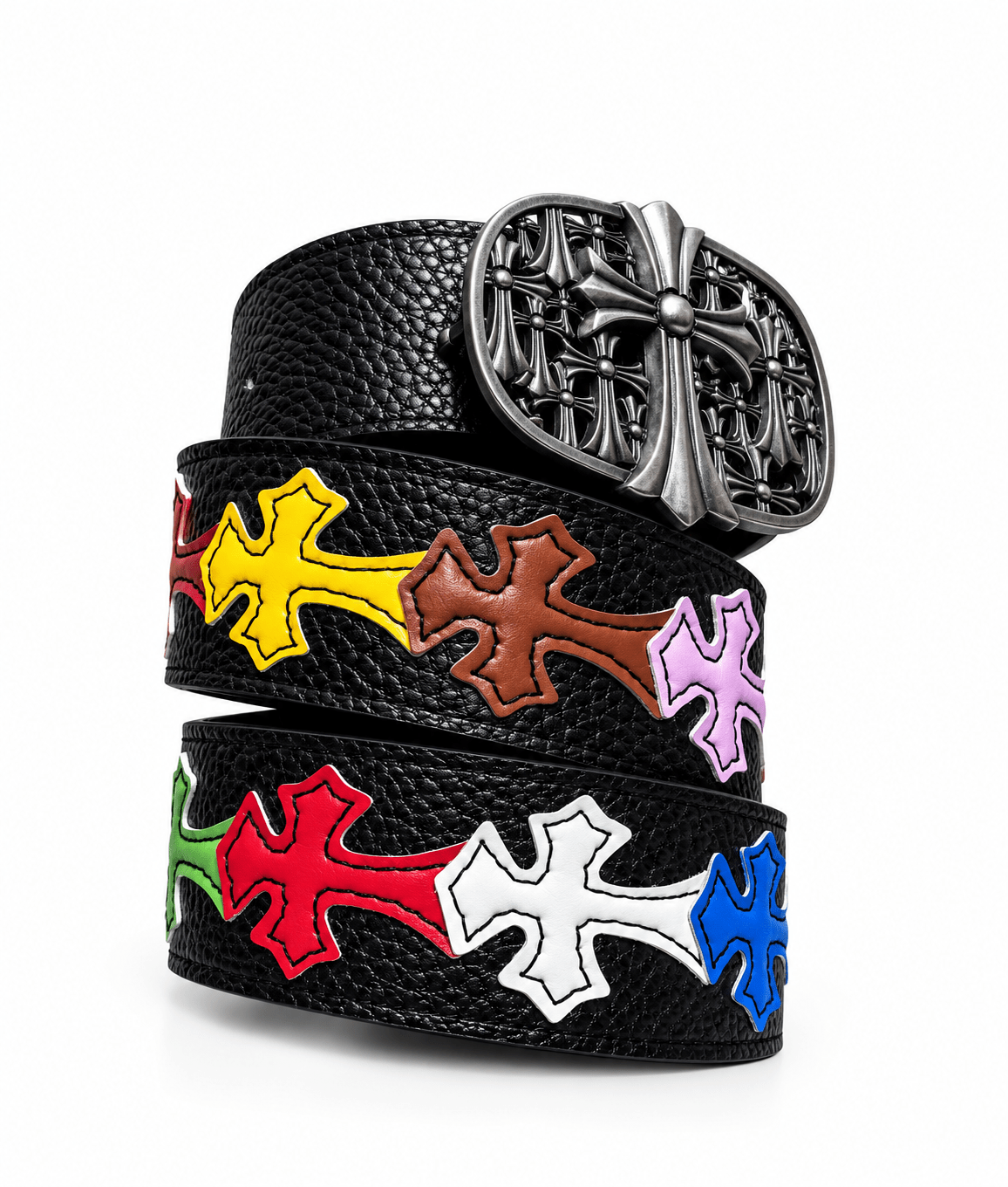 Black Gothic Cross Leather Belt with Ornate Silver Buckle | Multicolor Cross Design | Gothic Accessories by DRIPNOIR