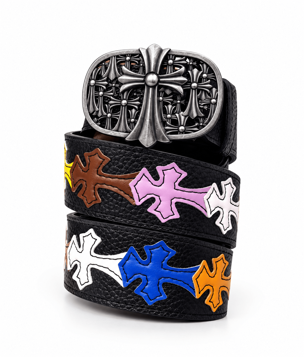 Black Gothic Cross Leather Belt with Ornate Silver Buckle | Multicolor Cross Design | Gothic Accessories by DRIPNOIR