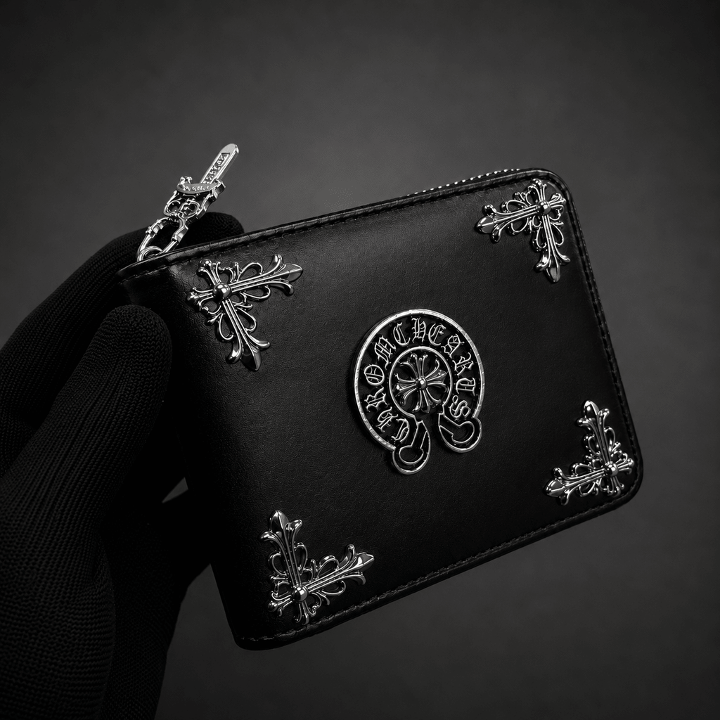 Black Gothic Cross Leather Zipper Wallet | Gothic Accessories by DRIPNOIR