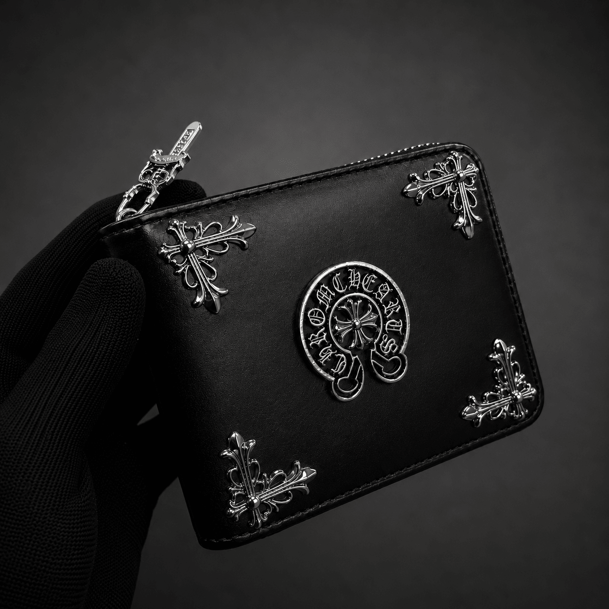 Black Gothic Cross Leather Zipper Wallet | Gothic Accessories by DRIPNOIR