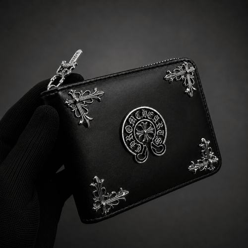 Black Gothic Cross Leather Zipper Wallet | Gothic Accessories by DRIPNOIR