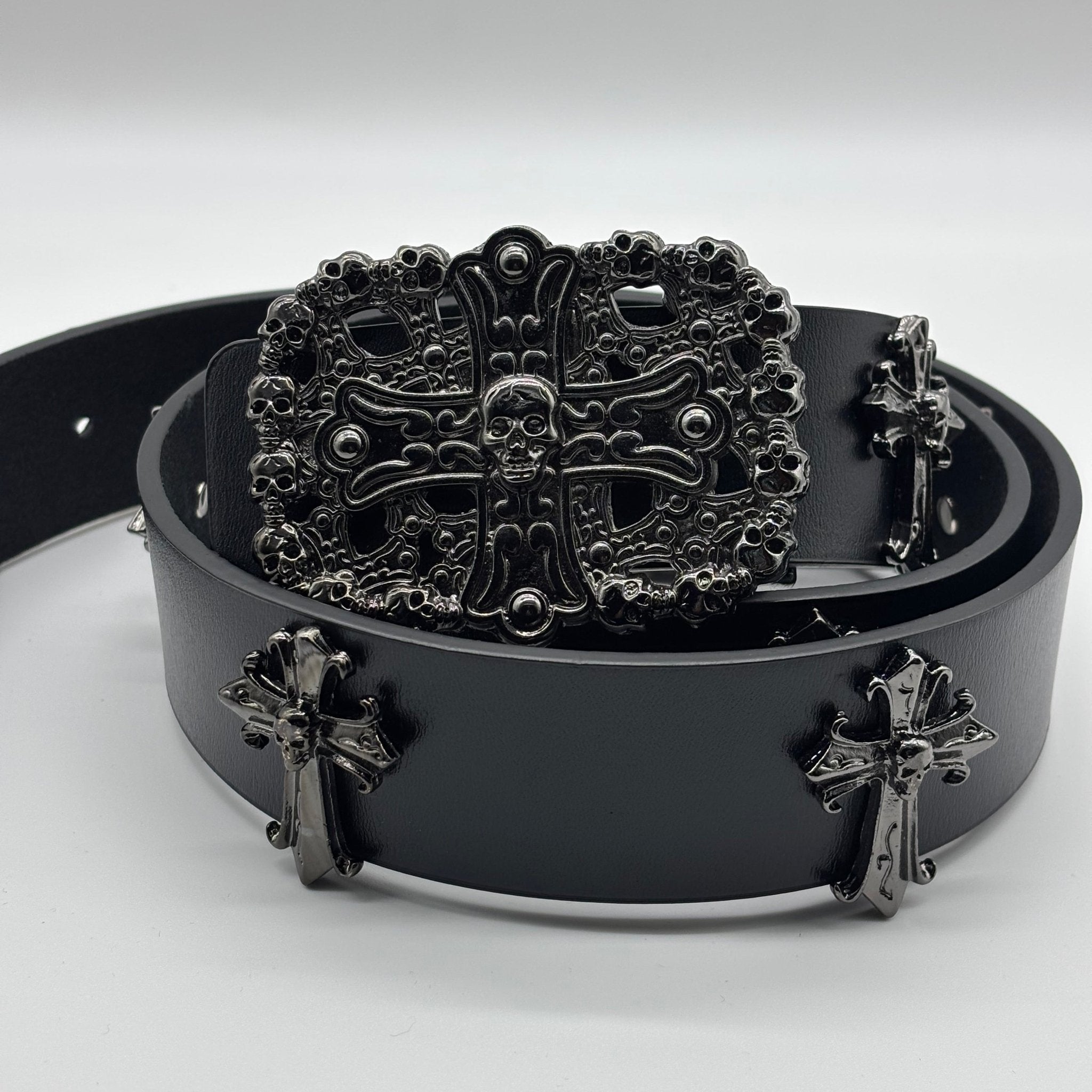 Black Gothic Skull Cross Leather Belt for Men & Women | Gothic Accessories by DRIPNOIR