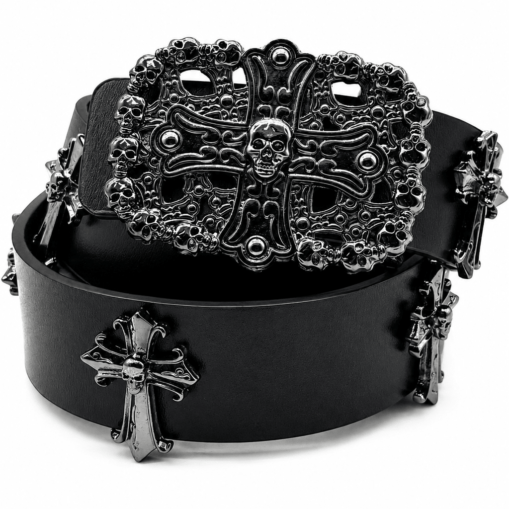 Black Gothic Skull Cross Leather Belt for Men & Women | Gothic Accessories by DRIPNOIR