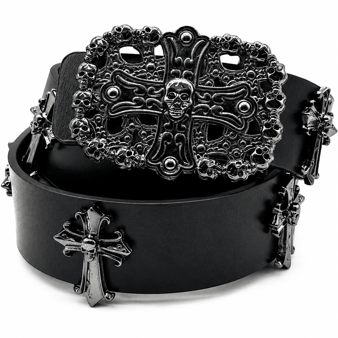 Black Gothic Skull Cross Leather Belt for Men & Women | Gothic Accessories by DRIPNOIR