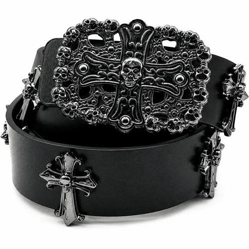 Black Gothic Skull Cross Leather Belt for Men & Women | Gothic Accessories by DRIPNOIR