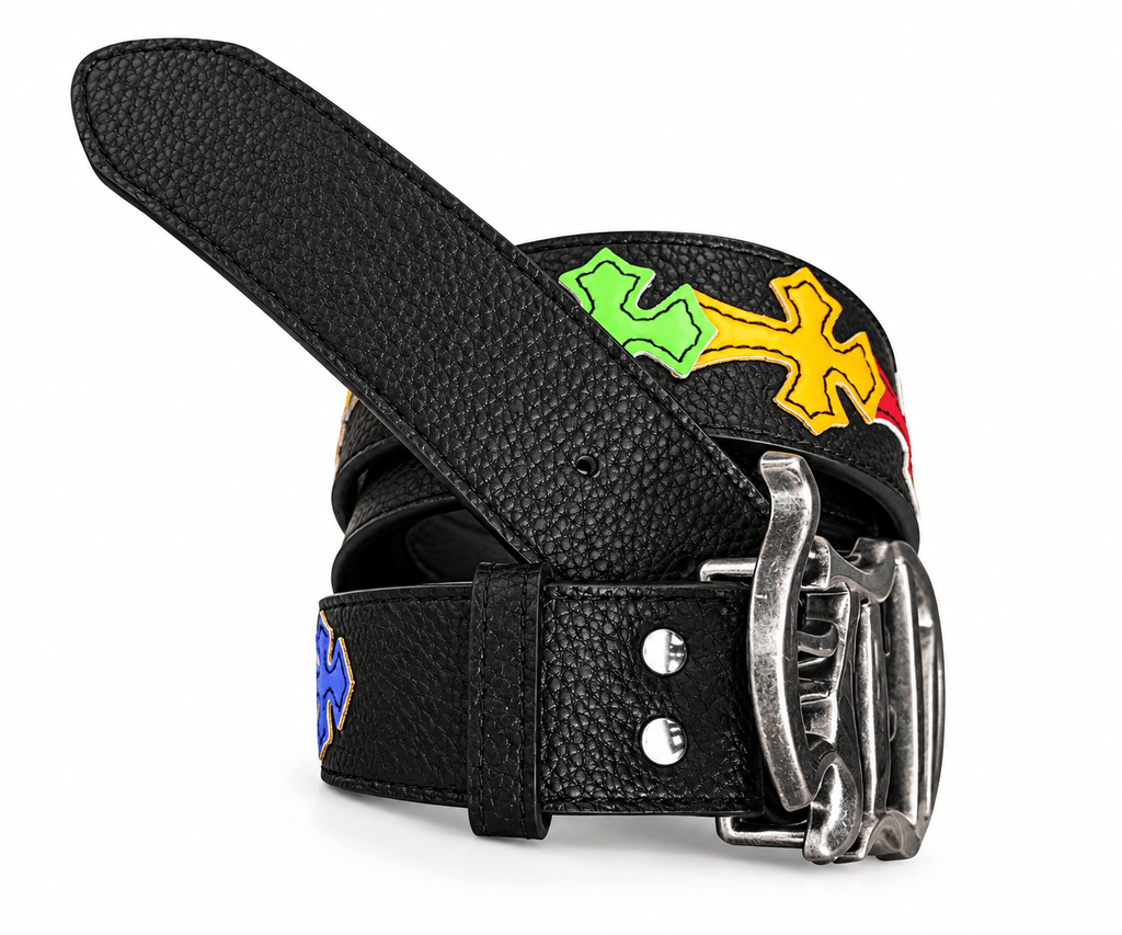 Black Leather Gothic Cross Buckle Belt | Multicolor Cross Design | Gothic Accessories by DRIPNOIR