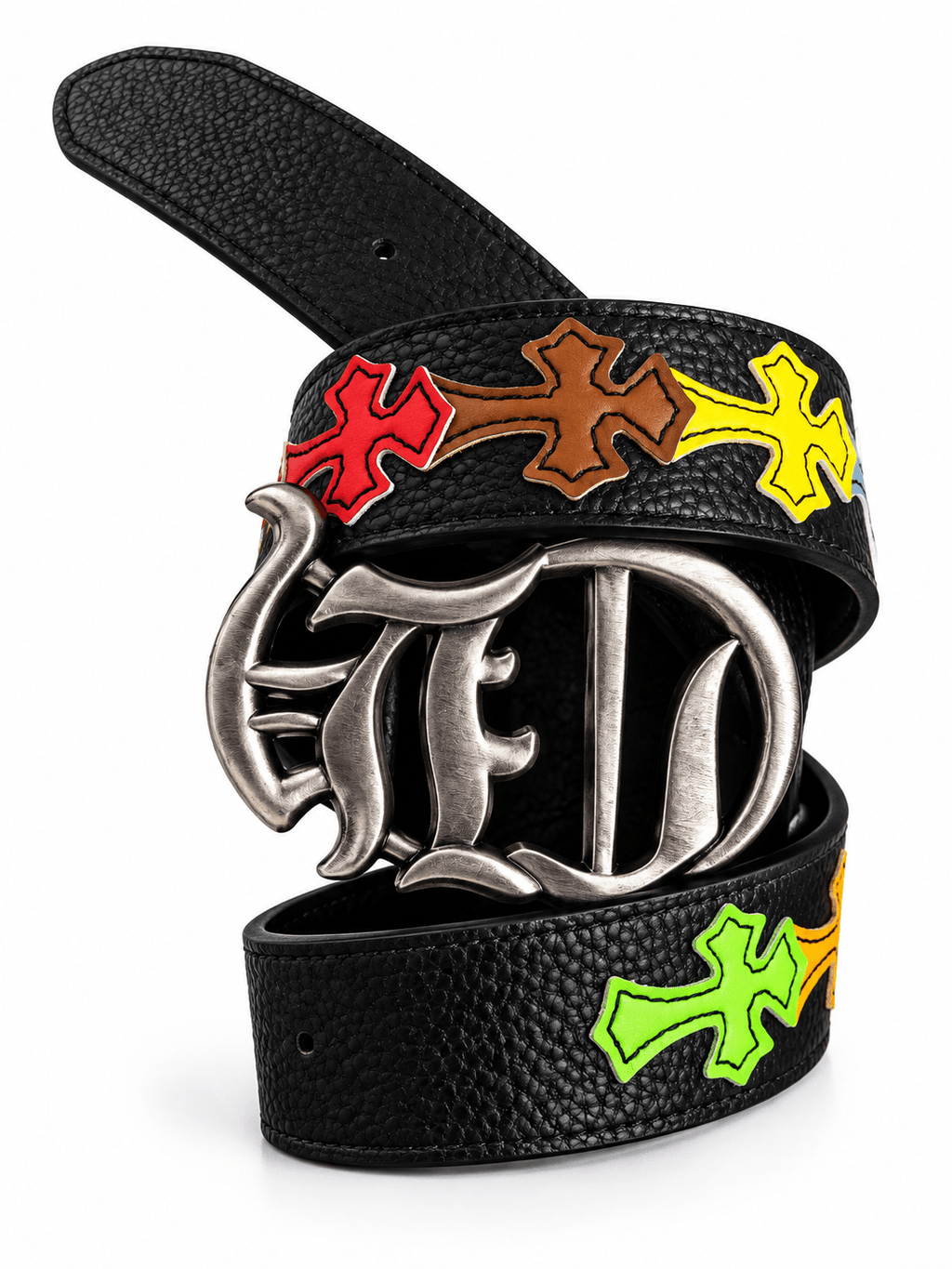 Black Leather Gothic Cross Buckle Belt | Multicolor Cross Design | Gothic Accessories by DRIPNOIR