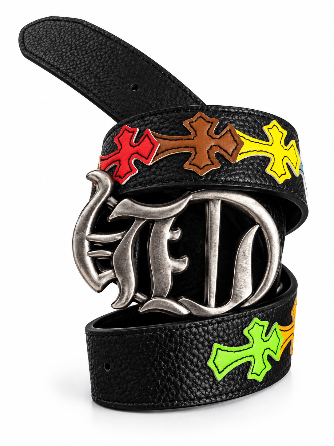 Black Leather Gothic Cross Buckle Belt | Multicolor Cross Design | Gothic Accessories by DRIPNOIR