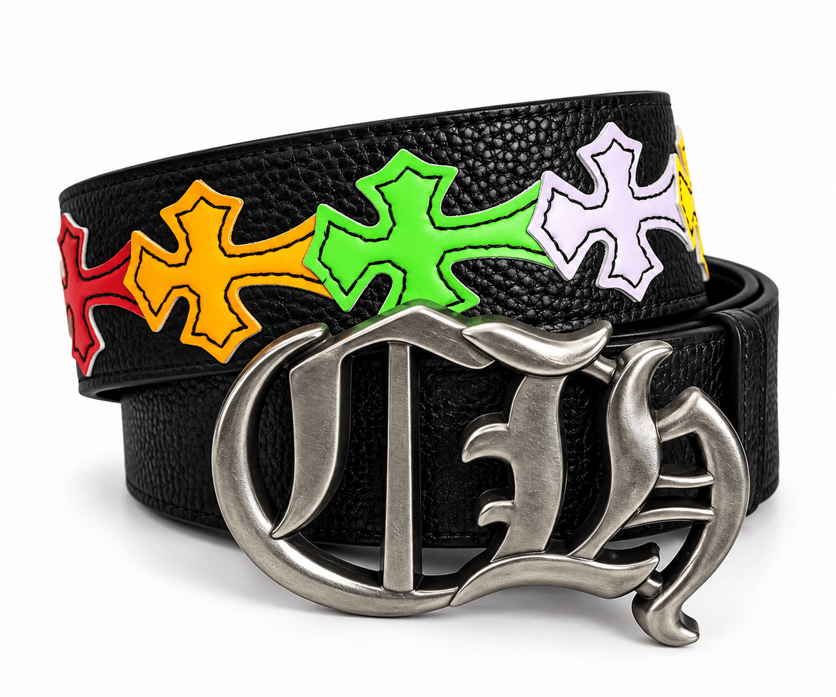 Black Leather Gothic Cross Buckle Belt | Multicolor Cross Design | Gothic Accessories by DRIPNOIR