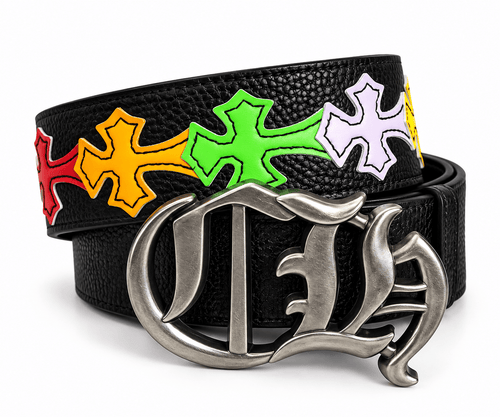 Black Leather Gothic Cross Buckle Belt | Multicolor Cross Design | Gothic Accessories by DRIPNOIR