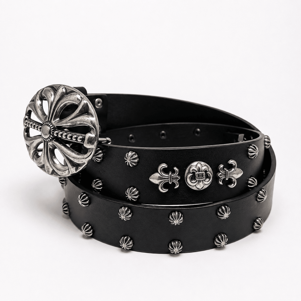 Black Leather Western Floral Buckle Studded Belt for Men | Statement Vintage Belt | Gothic Accessories by DRIPNOIR