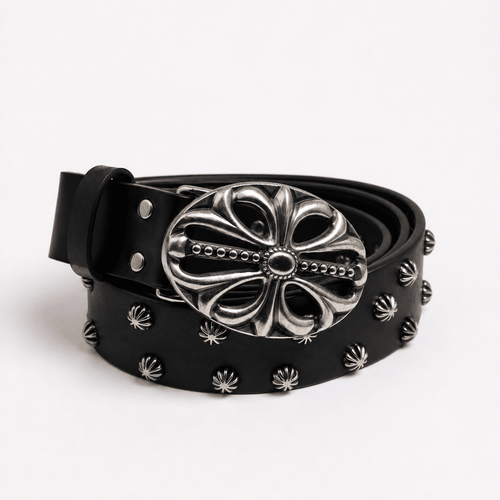 Black Leather Western Floral Buckle Studded Belt for Men | Statement Vintage Belt | Gothic Accessories by DRIPNOIR