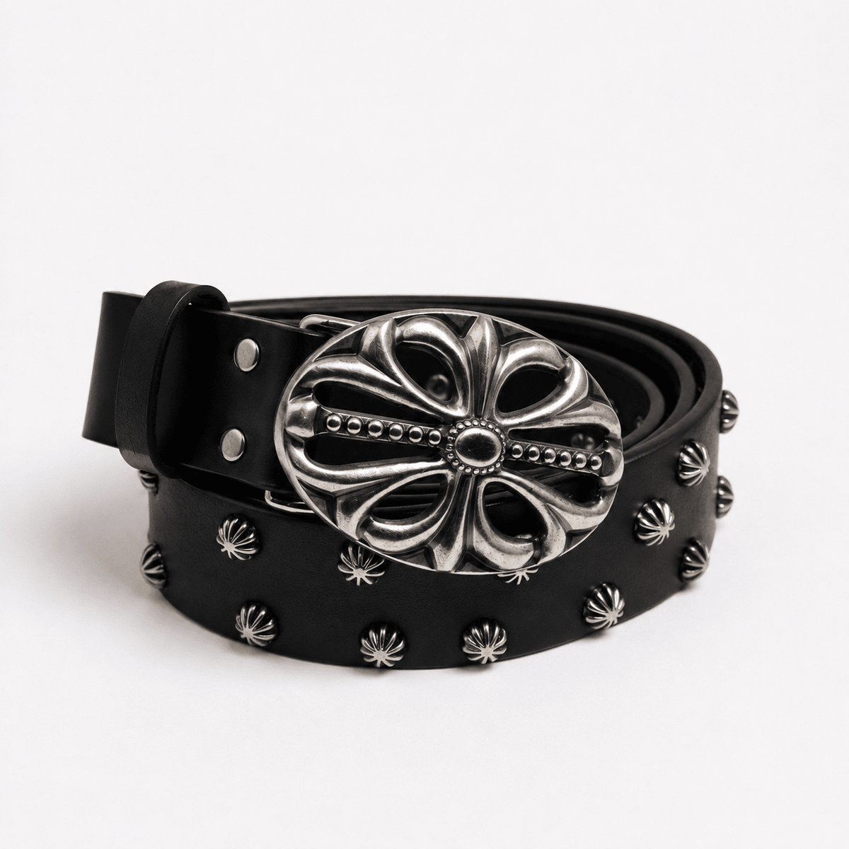 Black Leather Western Floral Buckle Studded Belt for Men | Statement Vintage Belt | Gothic Accessories by DRIPNOIR