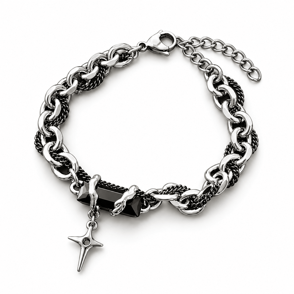 Black & Silver Gothic Chain Bracelet with Cross Star Charm | Gothic Accessories by DRIPNOIR